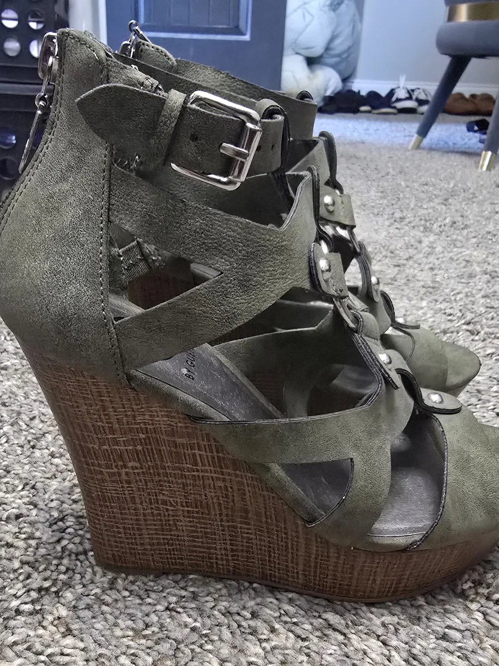 G by Guess Olive Green Suede Strappy Stud Wedge Sandals